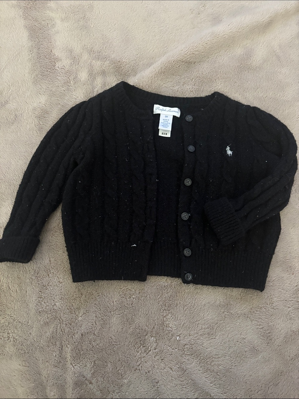Ralph Lauren Black Cable-Knit Button Cardigan with Pony Logo